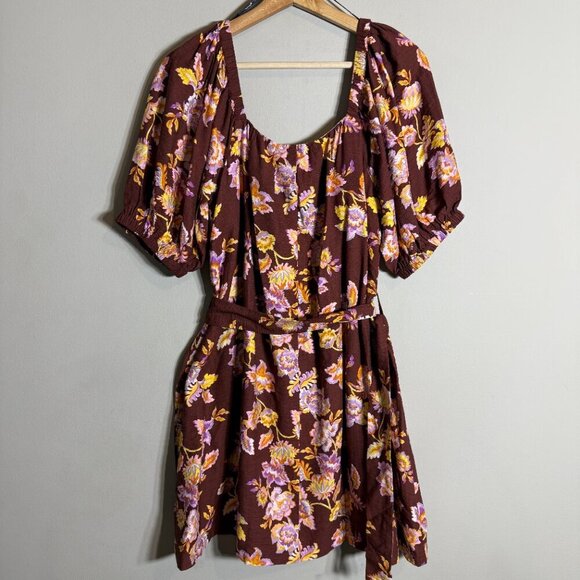 MINKPINK Giselle Belted Floral Mini Dress Women's Large Brown Puff Sleeve NWT - Picture 10 of 16